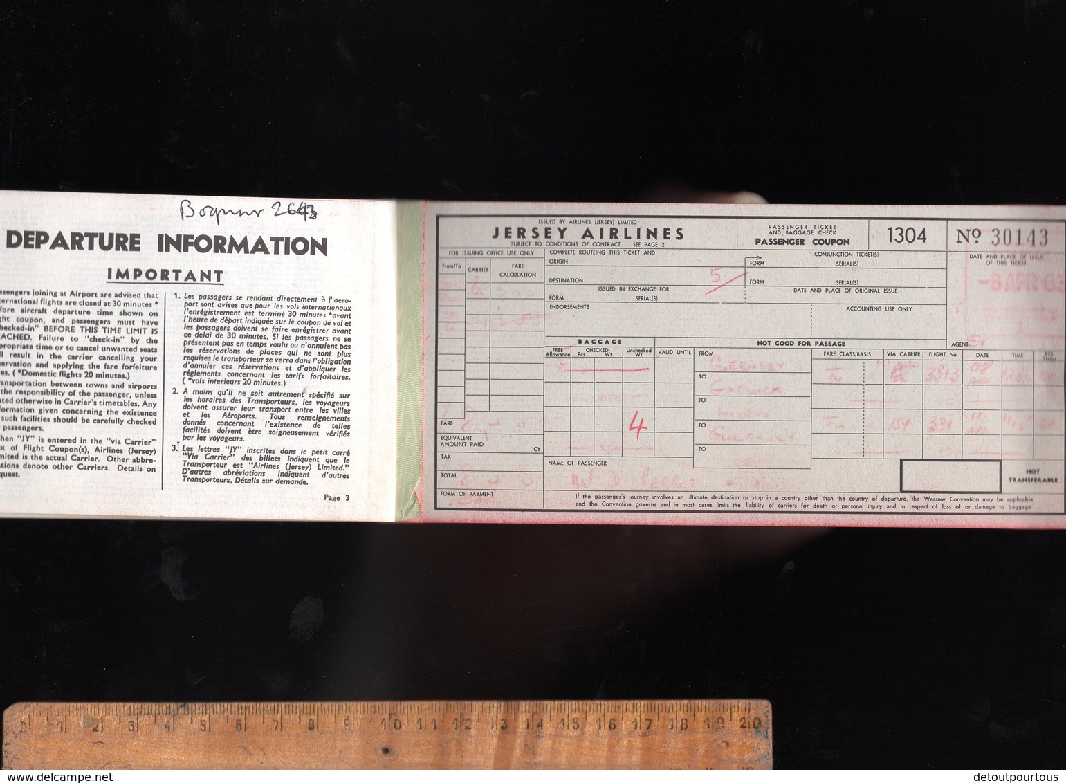 Billet D'avion Passenger Ticket JERSEY AIRLINES Guernsey Gatwick 1963 - Europa