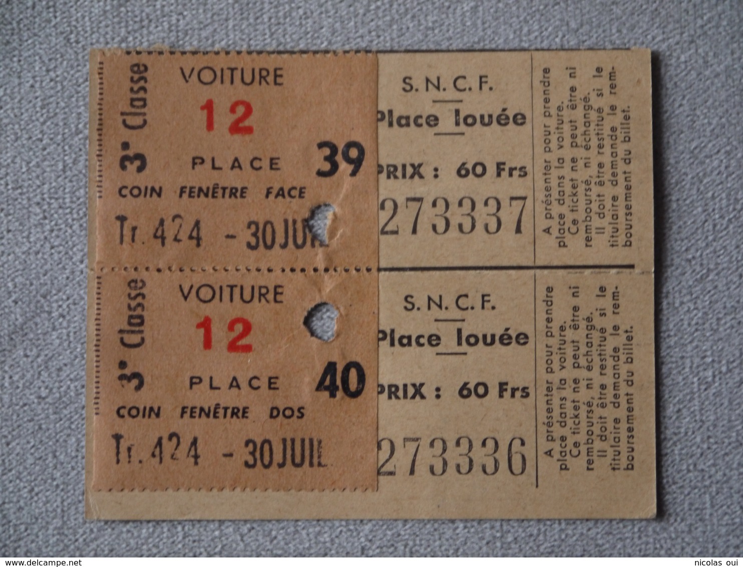 S N C F  SNCF 3E CLASSE  TICKETS DE TRANSPORT - Ohne Zuordnung