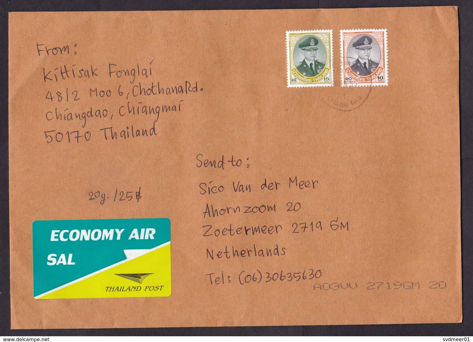 Thailand: Economy Air Cover Chiang Dao To Netherlands, 2 Stamps, King, Uncommon SAL Label (right Stamp Damaged) - Thailand