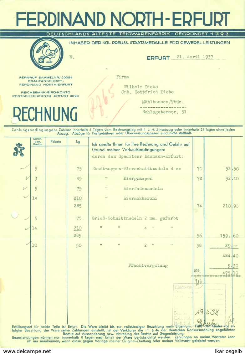 ERFURT Rechnung 1937 Deko " FerdinandNorth - Teigwarenfabrik Deutschlands älteste... " - Alimentos