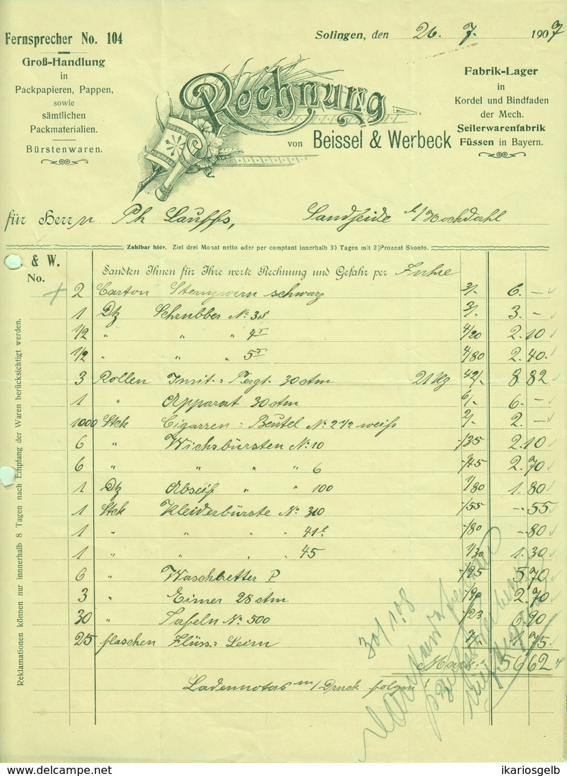 Füssen Allgäu Rechnung 1907 Deko " Beissel&Werbeck Seilerwarenfabrik Niederlage Solingen.. " - Food