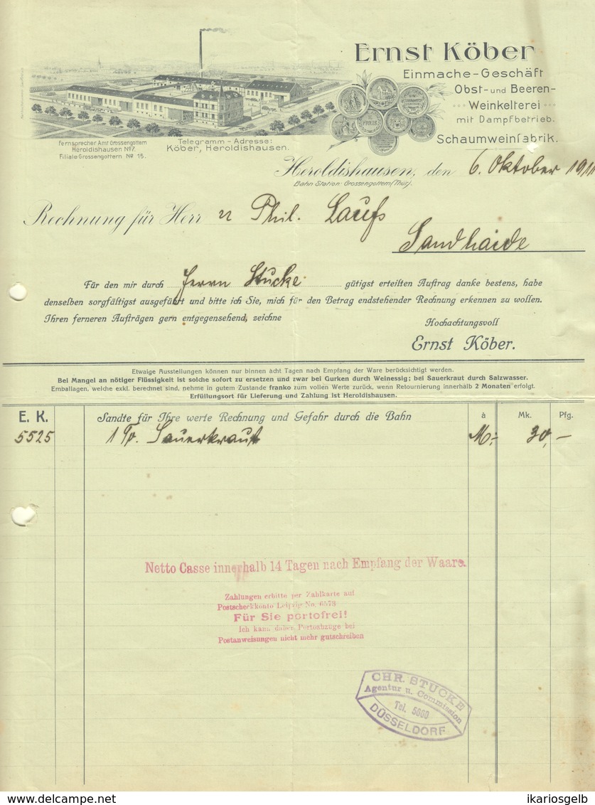 HEROLDISHAUSEN Thüringen B Grossengottern Rechnung 1911 Deko " Ernst Köber Schaumweinfabrik Kelterei Obst Beeren " - Alimentaire