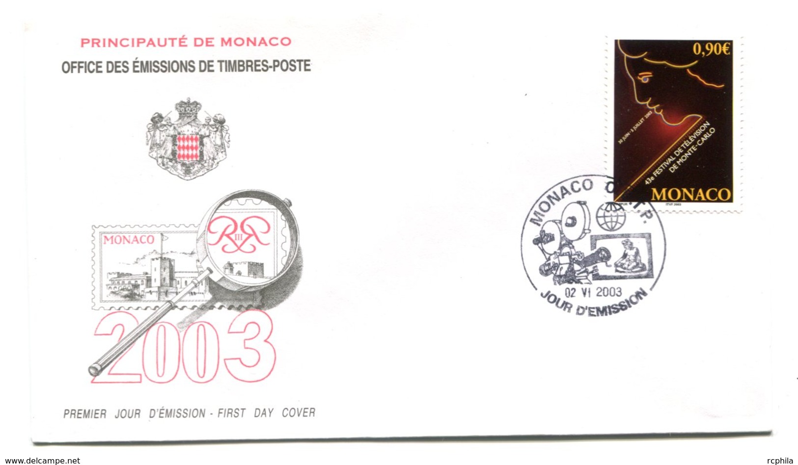 RC 16236 MONACO 2003 FESTIVAL DE TÉLÉVISION FDC 1er JOUR TB - FDC