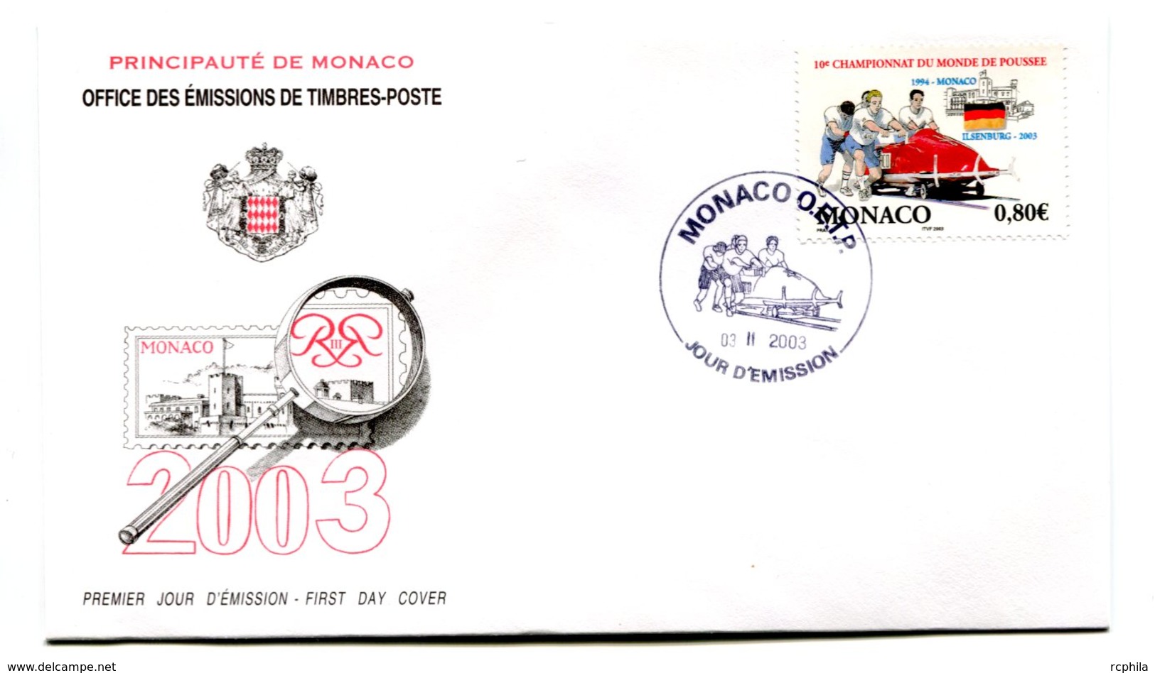 RC 16242 MONACO 2003 CHAMPIONNAT DU MONDE DE POUSSÉE SPORT FDC 1er JOUR TB - FDC