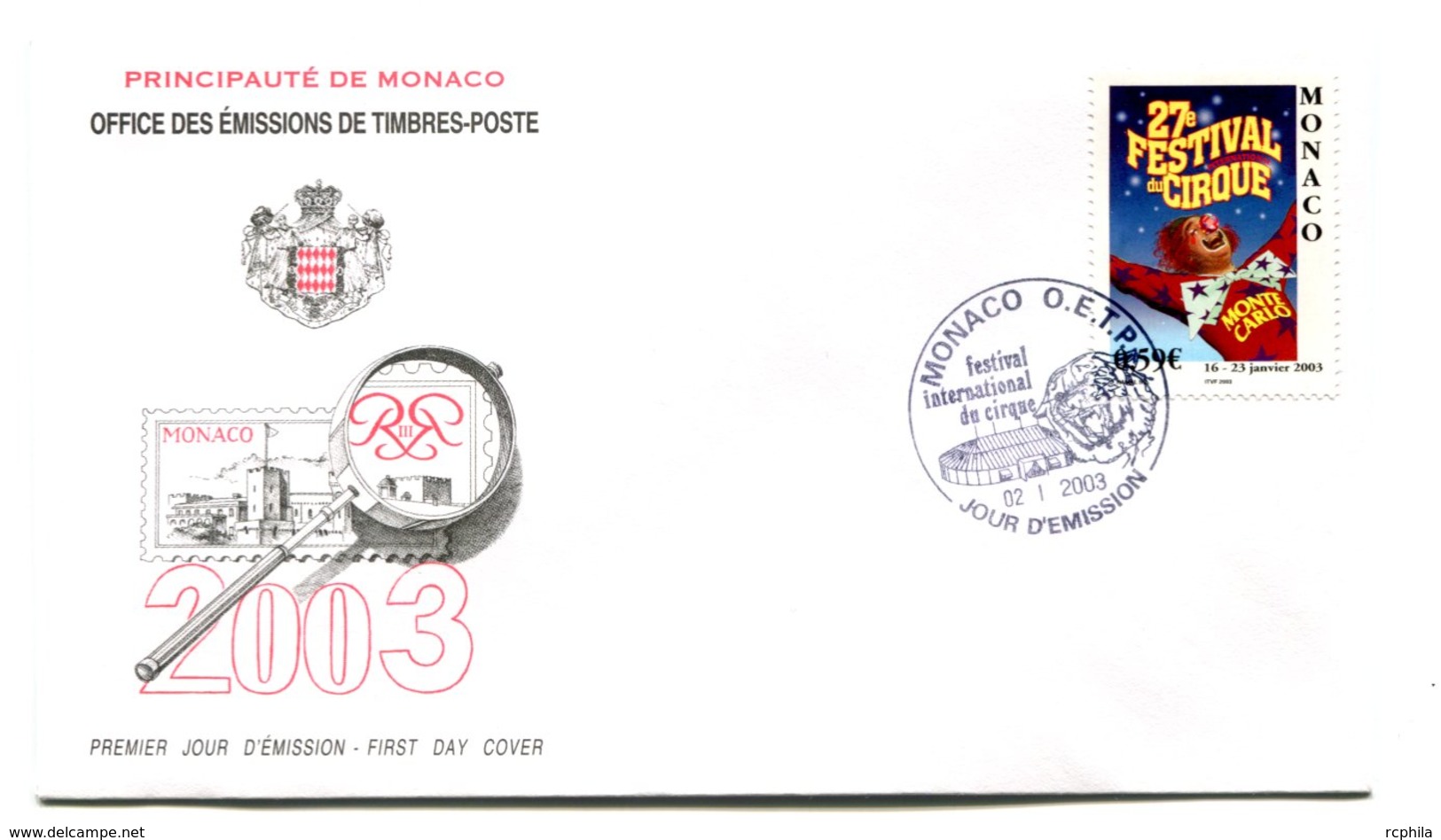 RC 16248 MONACO 2003 27e FESTIVAL DU CIRQUE FDC 1er JOUR TB - FDC