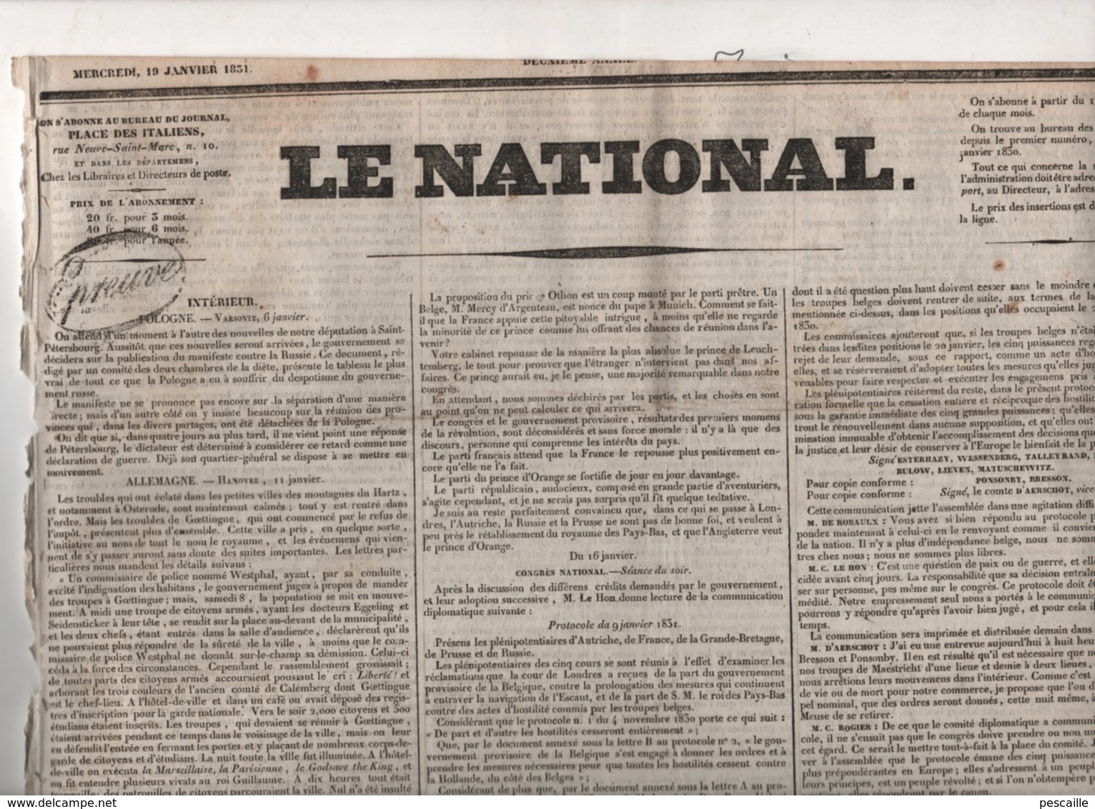 LE NATIONAL 19 01 1831 - POLOGNE - BERNE - BELGIQUE HOLLANDE ARMISTICE - GARDE NATIONALE - HANOVRE - BAPTEMES EAU FROIDE - 1800 - 1849