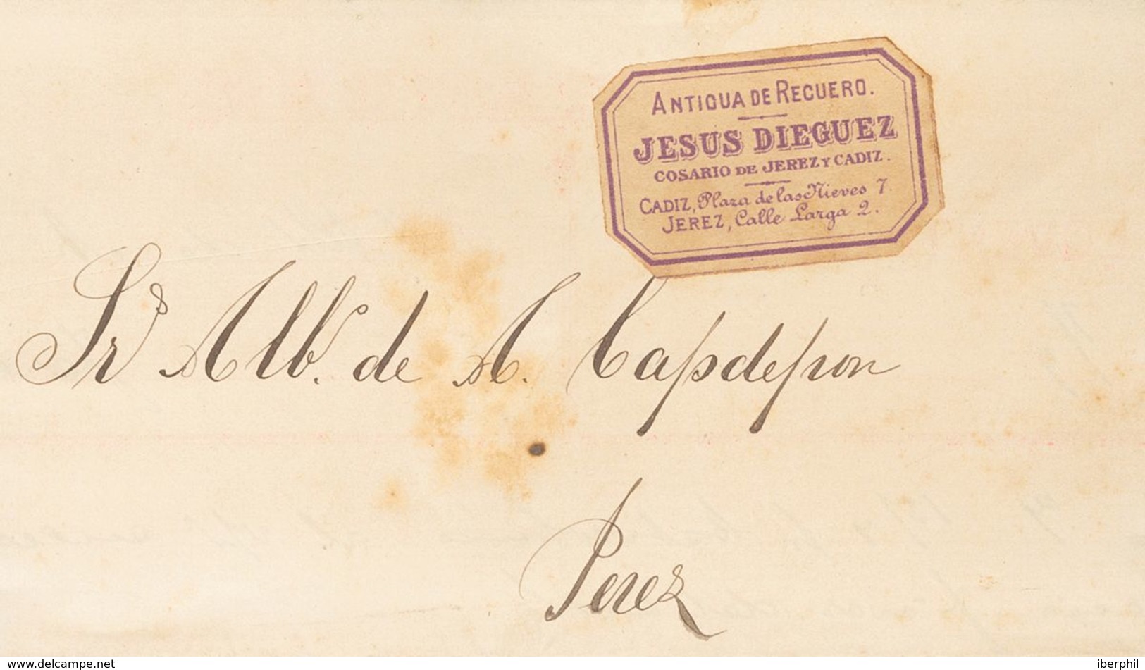 1881. CADIZ A JEREZ DE LA FRONTERA. Etiqueta ANTIGUA DE RECUERO / JESUS DIEGUEZ / COSARIO DE JEREZ Y CADIZ, En Violeta.  - Sonstige & Ohne Zuordnung