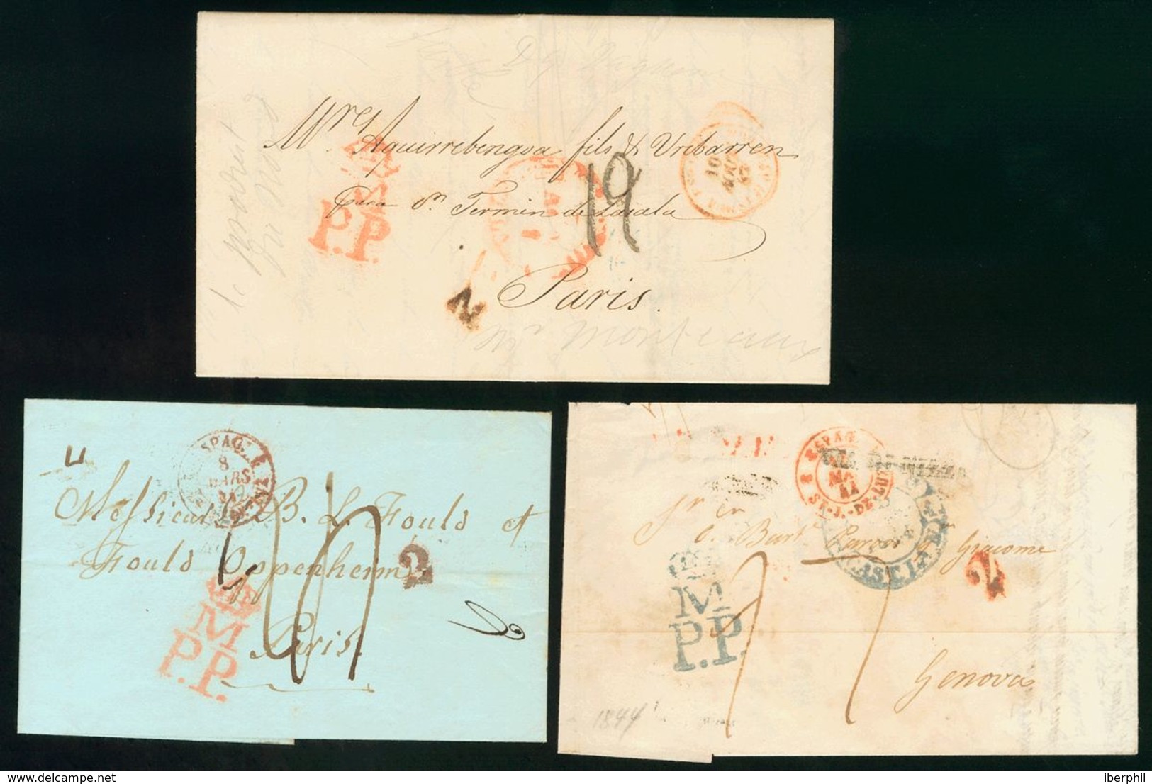 1844. Conjunto De Dos Cartas De MADRID A PARIS (FRANCIA) Y Una De MADRID A GENOVA (ITALIA) Con Marcas M / PP, En Rojo (2 - Sonstige & Ohne Zuordnung