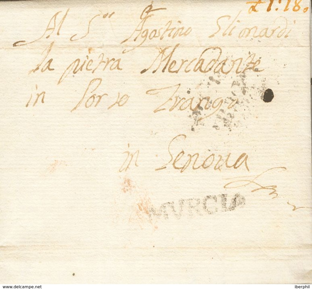 1763. CARTAGENA A GENOVA (ITALIA). Marca MVRCIA (P.E.9) Edición 2004 Y Porte Manuscrito "L1:18", Al Dorso Tránsito CORRE - Autres & Non Classés