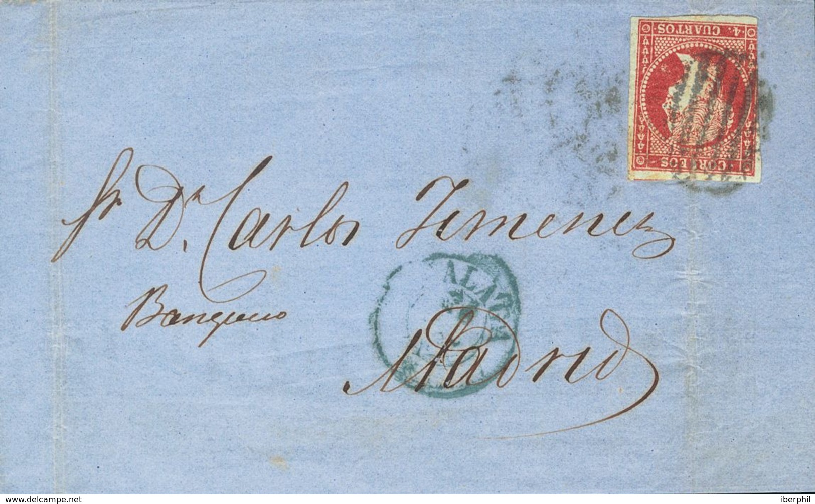 1856. 4 Cuartos Carmín. MALAGA A MADRID. Matasello PARRILLA, En Azul Y Al Dorso Fechador Ovalado MADRID / FRANCO. MAGNIF - Other & Unclassified