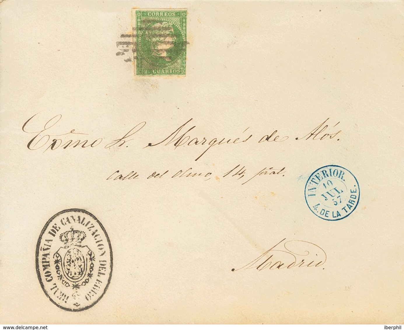 1857. 2 Cuartos Verde. Correo Interior De MADRID. Matasello REJILLA Y En El Frente Marca REAL COMPAÑIA DE CANALIZACION D - Sonstige & Ohne Zuordnung