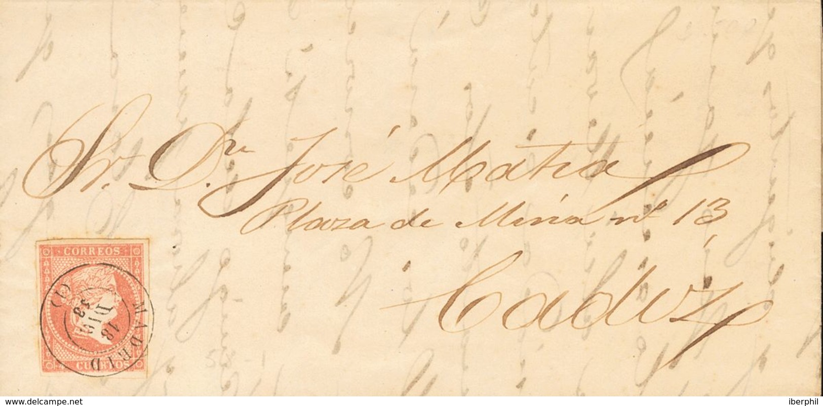 1858. 4 Cuartos Rojo. MADRID A CADIZ. Matasello MADRID / (1). MAGNIFICA Y RARISIMA. - Autres & Non Classés