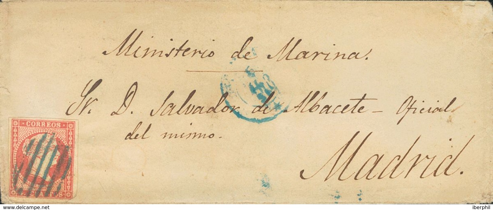 1856. 4 Cuartos Rojo. Dirigida A MADRID. Matasello PARRILLA, En Azul Y Al Dorso Fechador Ovalado MADRID / 6-AGOSTO-1856. - Other & Unclassified
