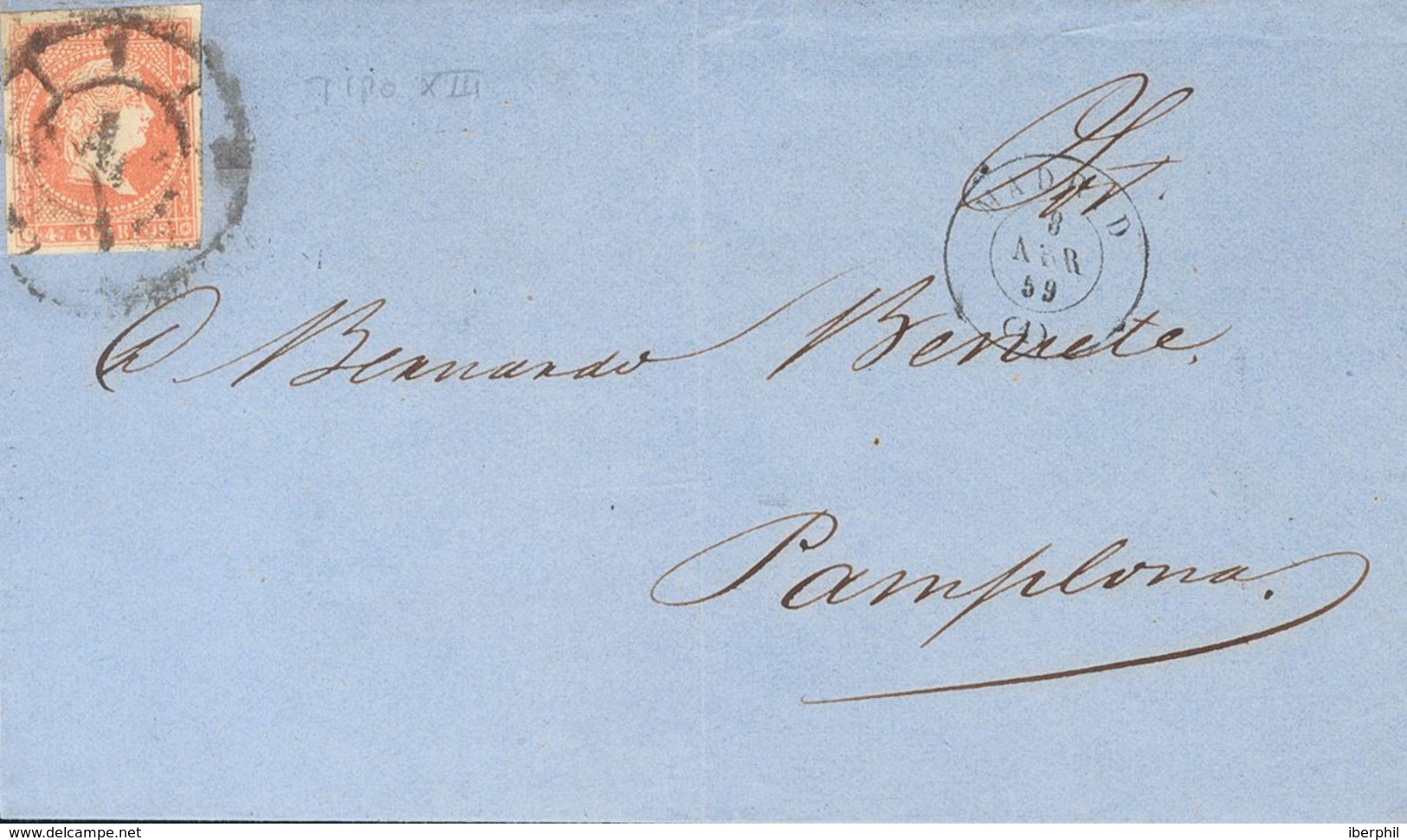 1859. 4 Cuartos Rojo FALSO POSTAL TIPO XIII. MADRID A PAMPLONA. Matasello R.CARRETA Nº1. MAGNIFICA. - Other & Unclassified