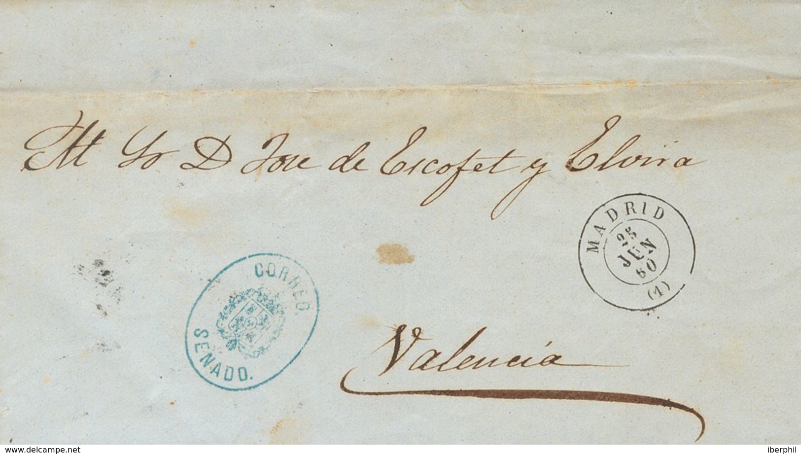 1860. MADRID A VALENCIA. Marca De Franquicia CORREO / SENADO, En Azul. MAGNIFICA Y RARA. - Autres & Non Classés