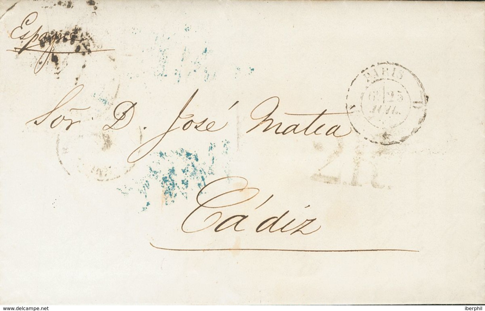 1857. PARIS (FRANCIA) A CADIZ. Al Dorso Marca APARTADO / CORREOS, En Negro Y Marca MP, En Azul. MAGNIFICA Y RARISIMA, PO - Other & Unclassified