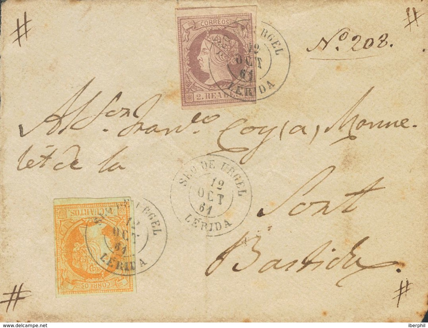1861. 4 Cuartos Naranja Y 2 Reales Lila. Frente De Certificado De SEO DE URGEL A LA BASTIDA (LERIDA). Matasello SEO DE U - Sonstige & Ohne Zuordnung