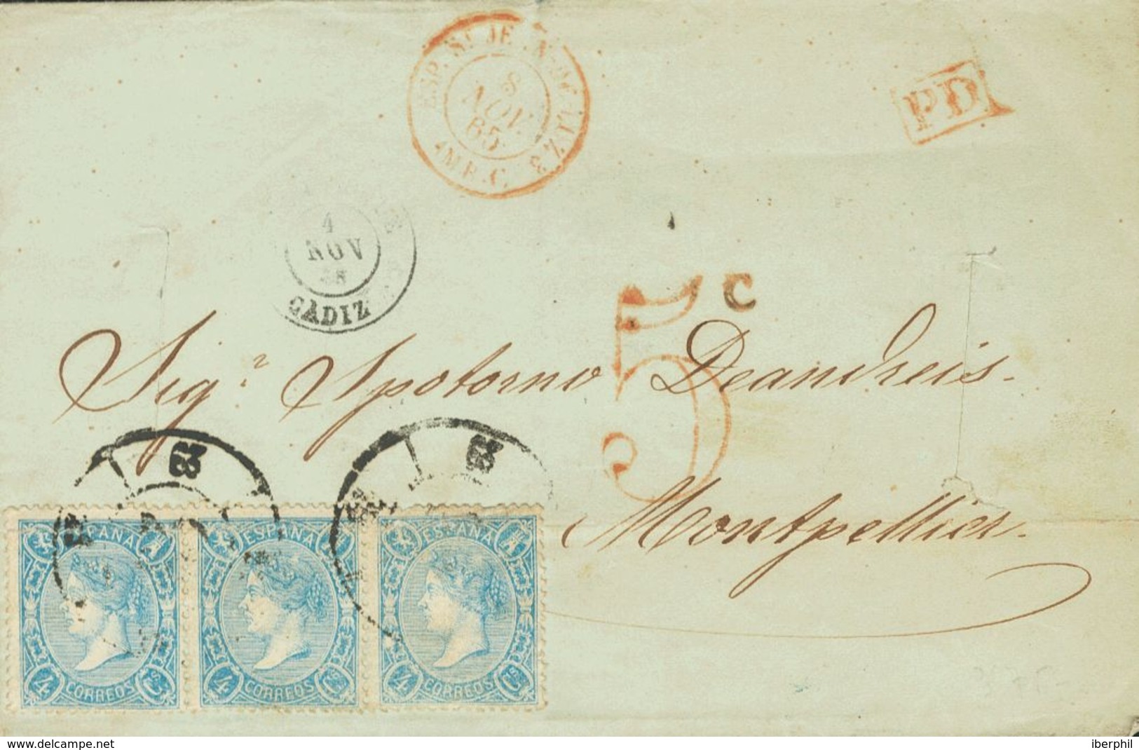 1865. 4 Cuartos Azul, Tira De Tres. MARSELLA A MONTPELLIER (FRANCIA), Circulada Privadamente Hasta SAN ROQUE, Donde Es D - Other & Unclassified