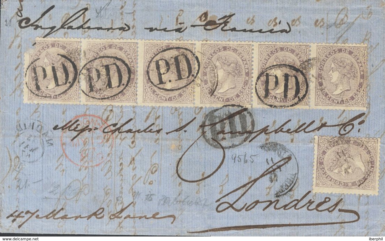 1867. 20 Cts Lila, Tira De Seis Y Un Sello Suelto (defectito En Una Esquina En Uno De Los Sellos De La Tira). PUERTO DE  - Other & Unclassified