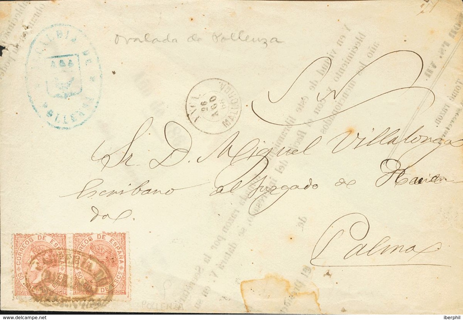 1868. 50 Mils Castaño Amarillo, Pareja. POLLENSA (BALEARES) A PALMA DE MALLORCA. Matasello Especial Oval CARTERIA DE / P - Sonstige & Ohne Zuordnung