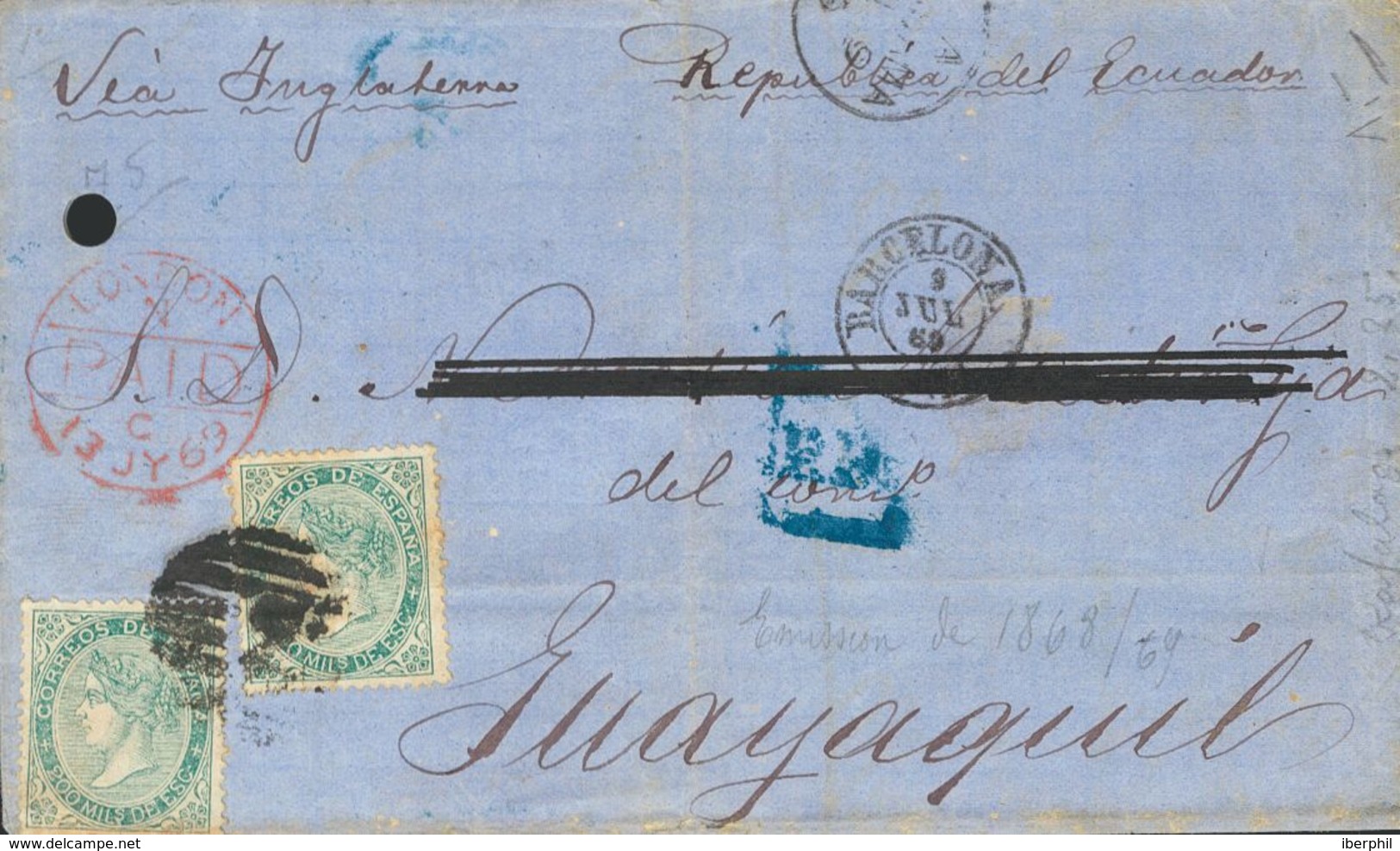 1869. 200 Mils Verde, Dos Sellos. BARCELONA A GUAYAQUIL (ECUADOR) (taladro De Archivo). Franqueo De Porte Simple (400 Mi - Autres & Non Classés