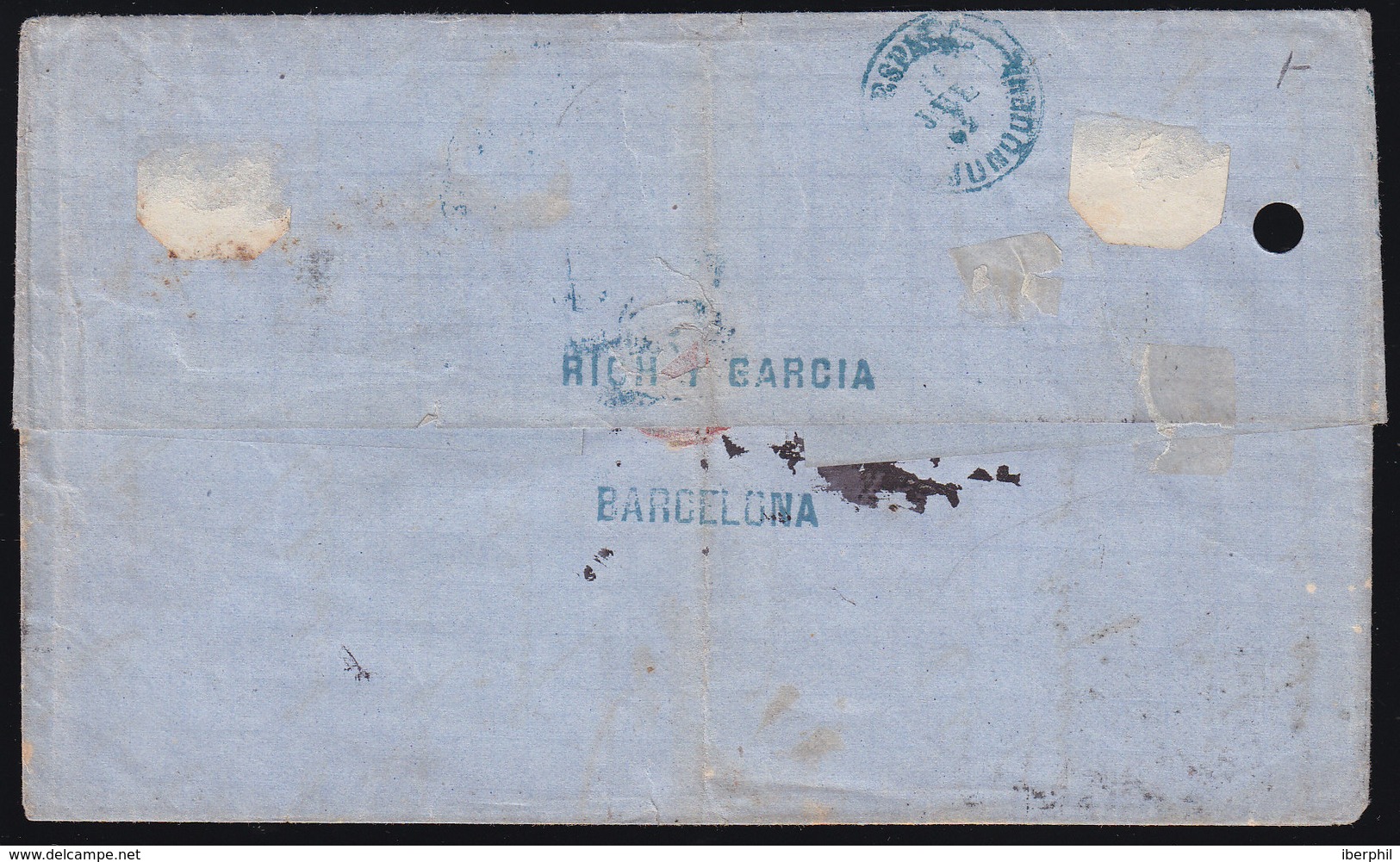 1869. 200 Mils Verde, Dos Sellos. BARCELONA A GUAYAQUIL (ECUADOR) (taladro De Archivo). Franqueo De Porte Simple (400 Mi - Autres & Non Classés