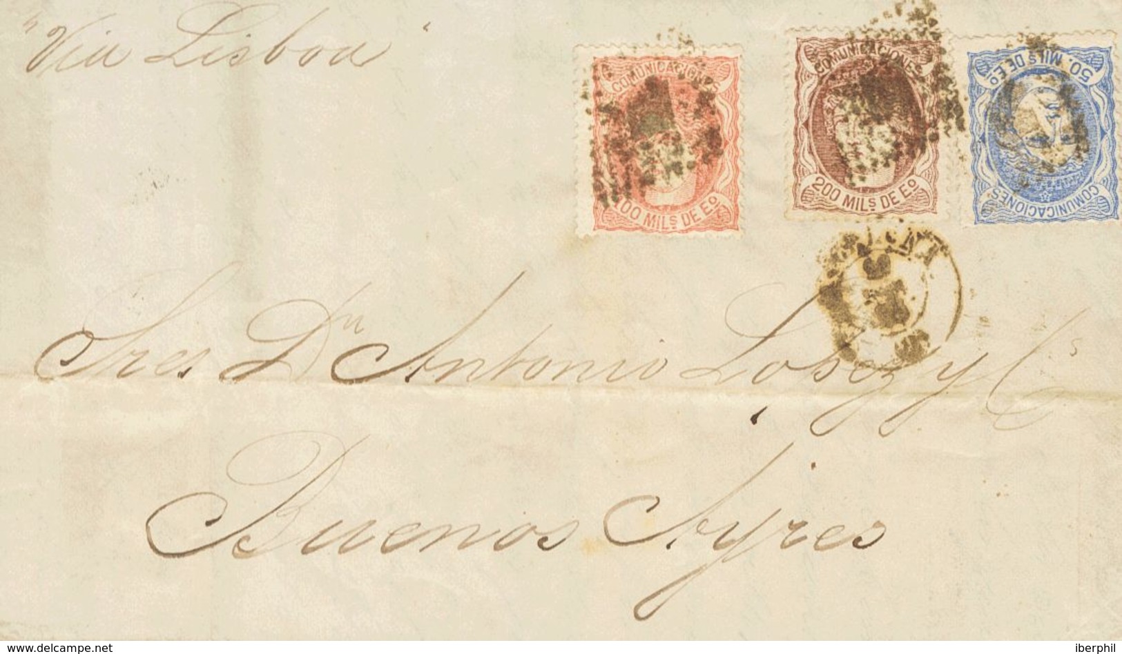 1871. 50 Mils Ultramar, 100 Mils Castaño Rojo Y 200 Mils Castaño. BARCELONA A BUENOS AIRES (ARGENTINA). MAGNIFICA Y RARO - Sonstige & Ohne Zuordnung