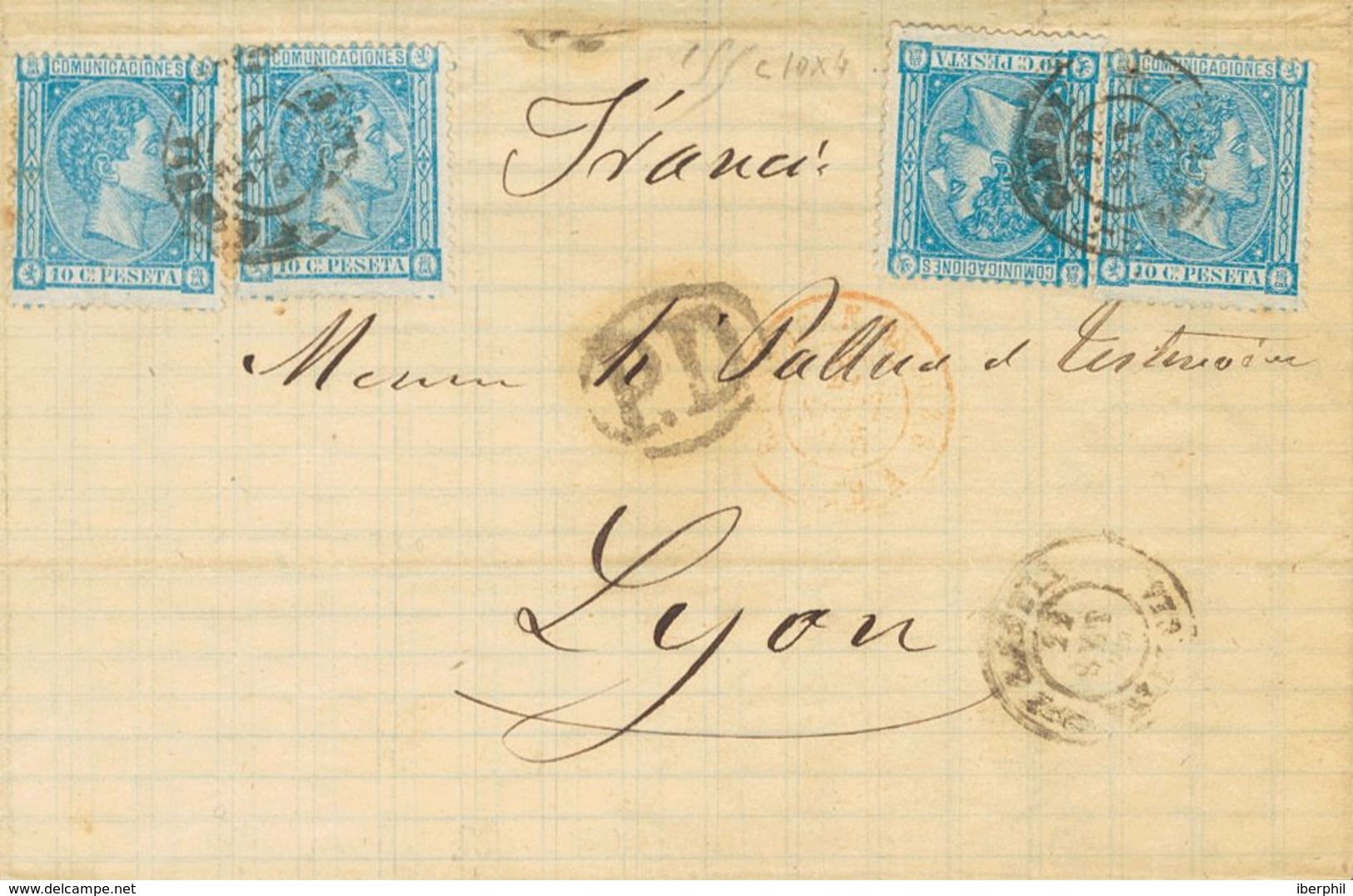 1875. 10 Cts Azul, Cuatro Sellos. ALMOINES (VALENCIA) A LYON (FRANCIA). Matasello GANDIA / VALENCIA. MAGNIFICA E INUSUAL - Other & Unclassified