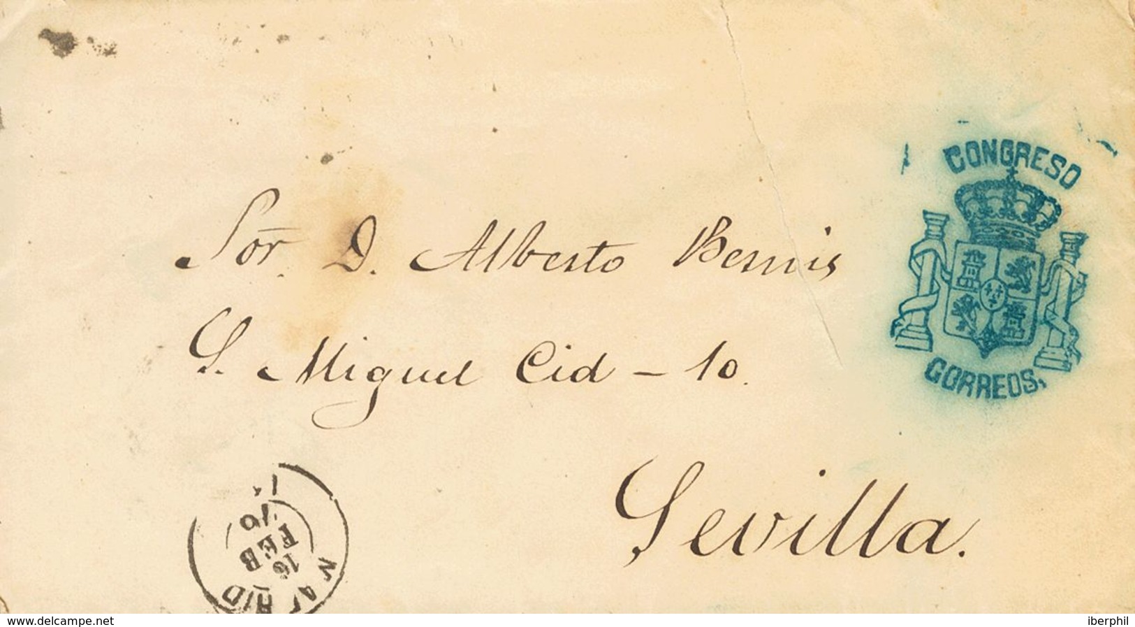 1876. MADRID A SEVILLA. Marca De Franquicia CONGRESO / CORREOS, En Azul (corte Diagonal Que No Afecta A La Marca). BONIT - Sonstige & Ohne Zuordnung