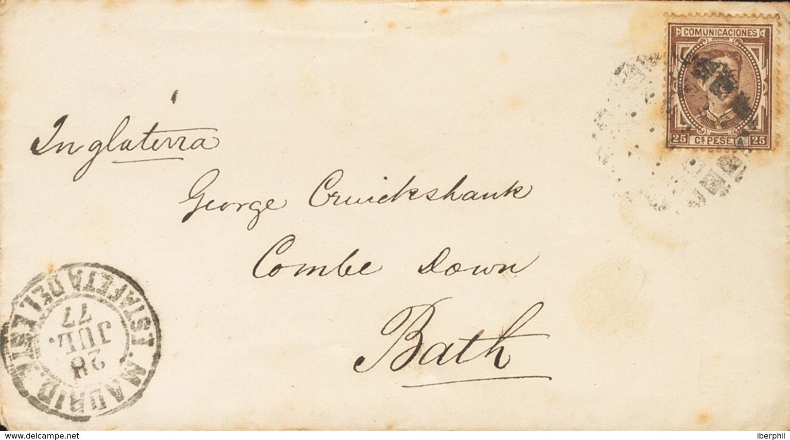 1877. 25 Cts Castaño. MADRID A BATH (GRAN BRETAÑA). Matasello CIRCULO DE PUNTOS Y Al Dorso Llegada. MAGNIFICA. - Sonstige & Ohne Zuordnung