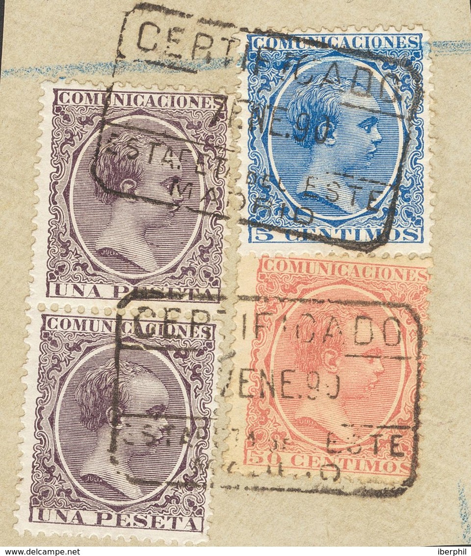 5 Cts Azul, 50 Cts Rosa Y 1 Pts Violeta, Pareja, Sobre Fragmento. Matasello CERTIFICADO / ESTAFETA DEL ESTE / MADRID. MA - Other & Unclassified