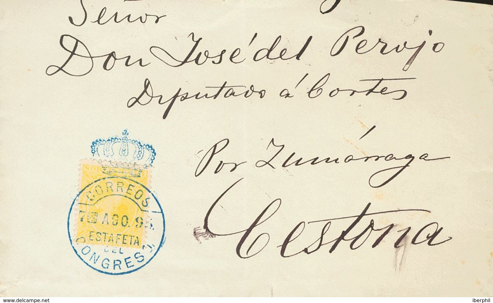 1896. 15 Cts Amarillo. Frontal De MADRID A CESTONA. Matasello CORREOS / ESTAFETA / DEL / CONGRESO, En Azul. MAGNIFICA ES - Autres & Non Classés