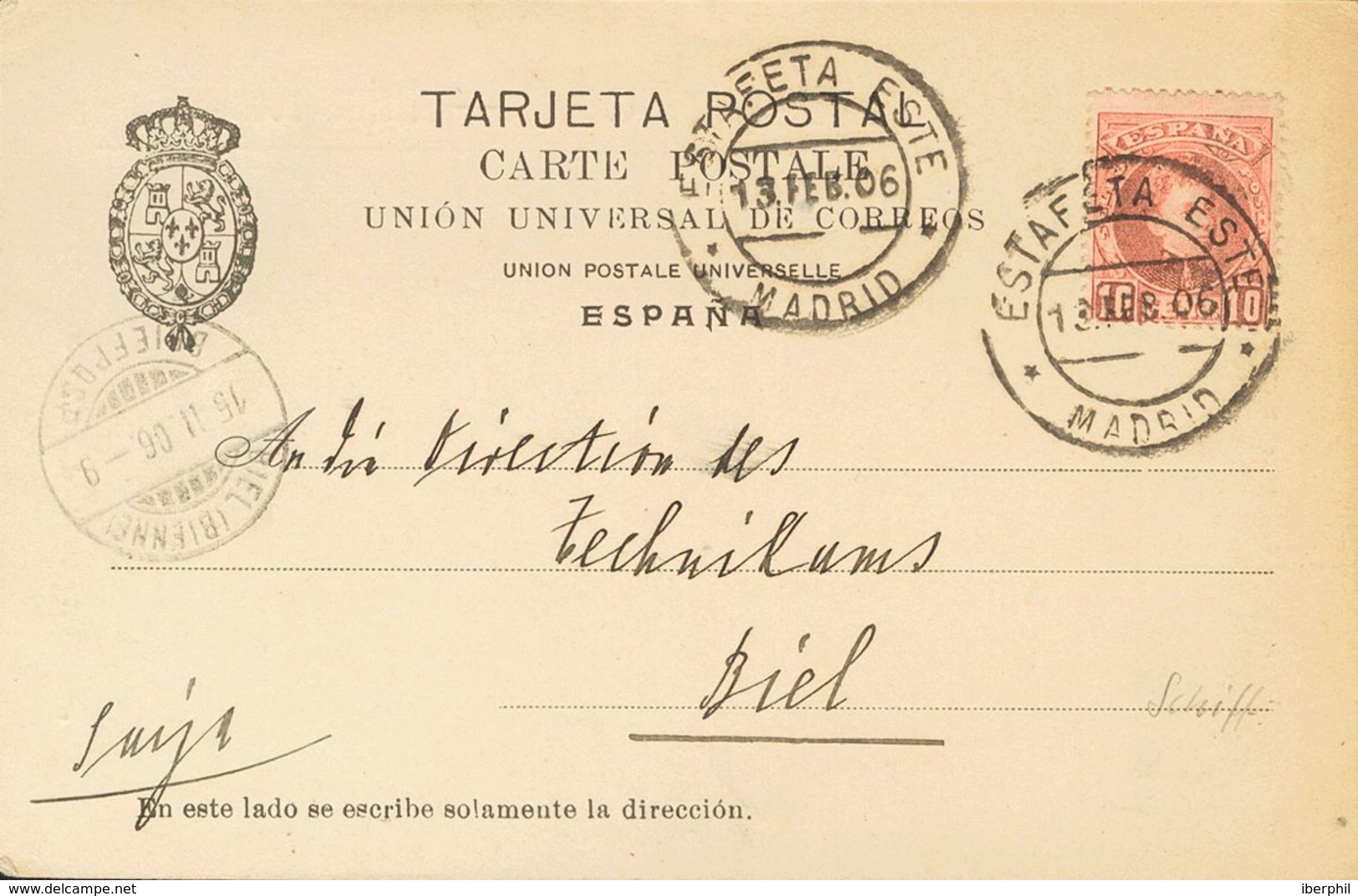 1906. 10 Cts Rojo. Tarjeta Postal De MADRID A KIEL (ALEMANIA). Matasello ESTAFETA ESTE / MADRID. MAGNIFICA. - Autres & Non Classés