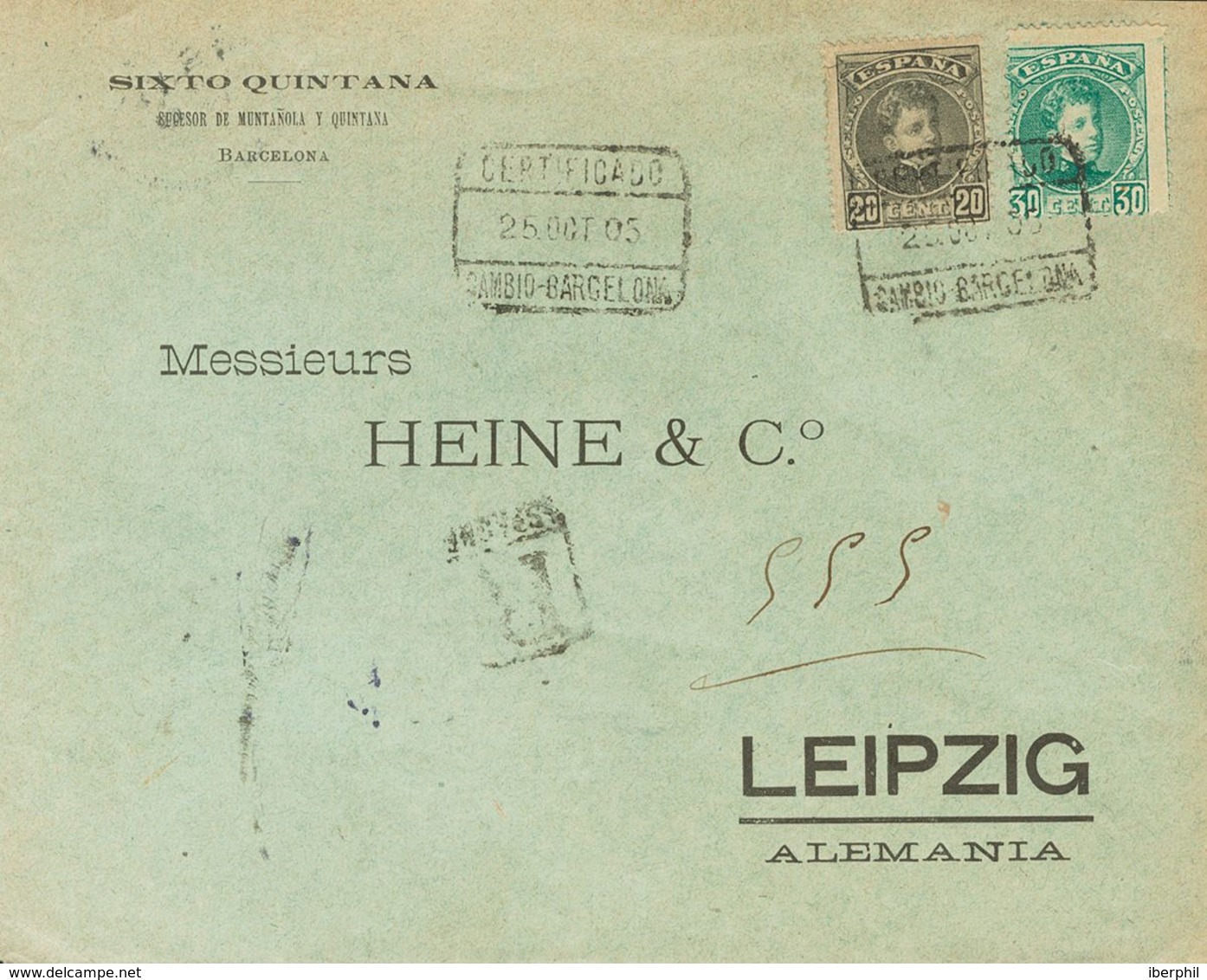 1905. 20 Cts Negro Y 30 Cts Verde. Certificado De BARCELONA A LEIPZIG (ALEMANIA). Al Dorso Llegada. MAGNIFICA E INUSUAL  - Autres & Non Classés