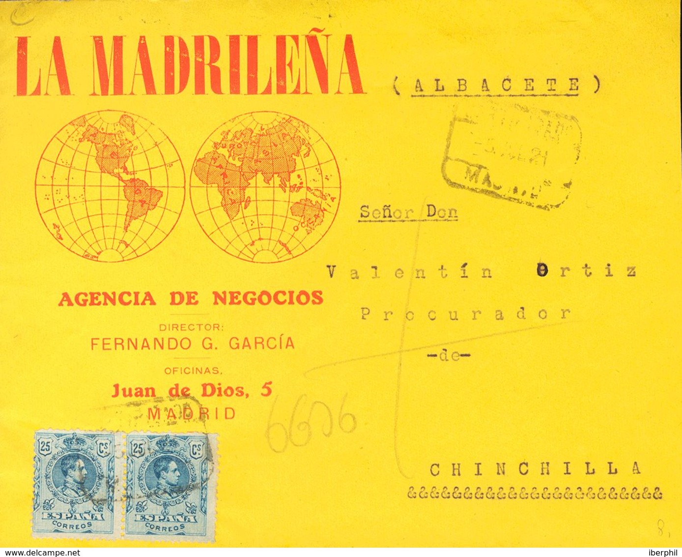 1921. 25 Cts Azul, Pareja. Certificado De MADRID A CHINCHILLA. Al Dorso Llegada. MAGNIFICA. - Other & Unclassified