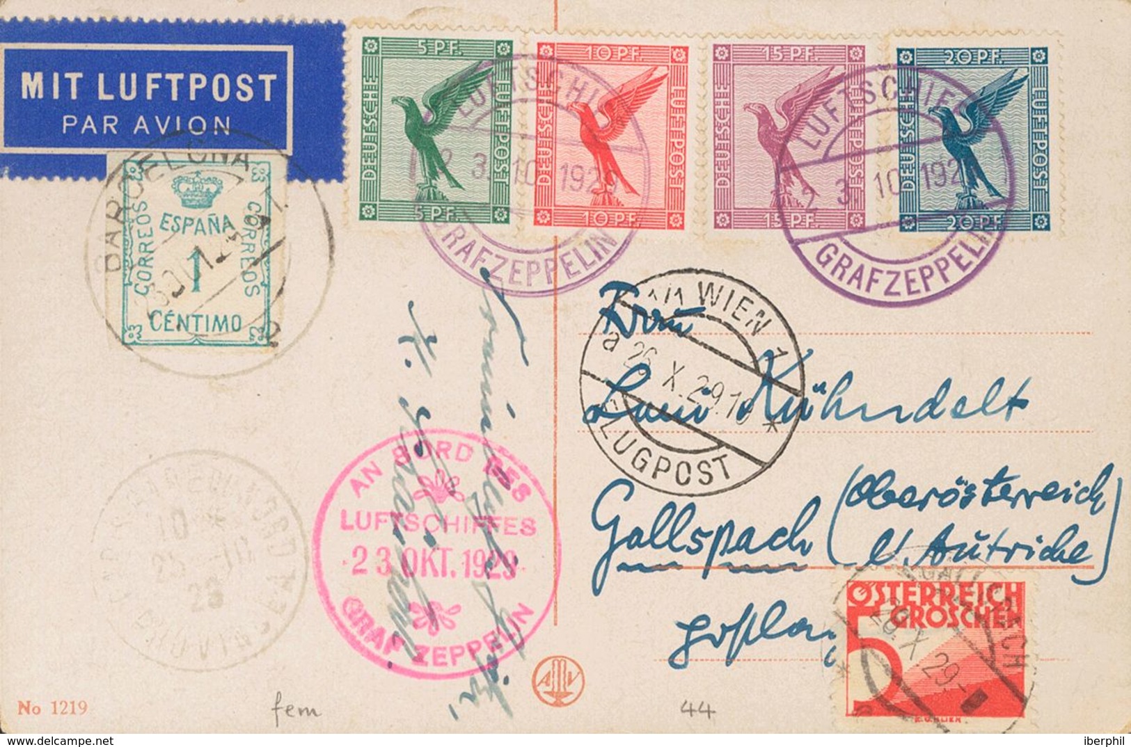 1929. 5 P Verde, 10 P Rojo, 15 P Violeta Y 20 P Azul De Correo Aéreo Alemán. Tarjeta Postal Por Graf Zeppelin De FRIEDRI - Other & Unclassified