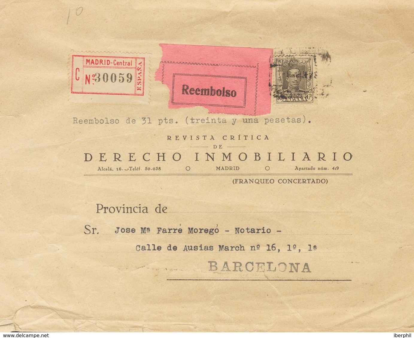 1929. 50 Cts Castaño. Faja De Periódico Reembolso De MADRID A BARCELONA. Al Dorso Llegada. MAGNIFICA. - Other & Unclassified