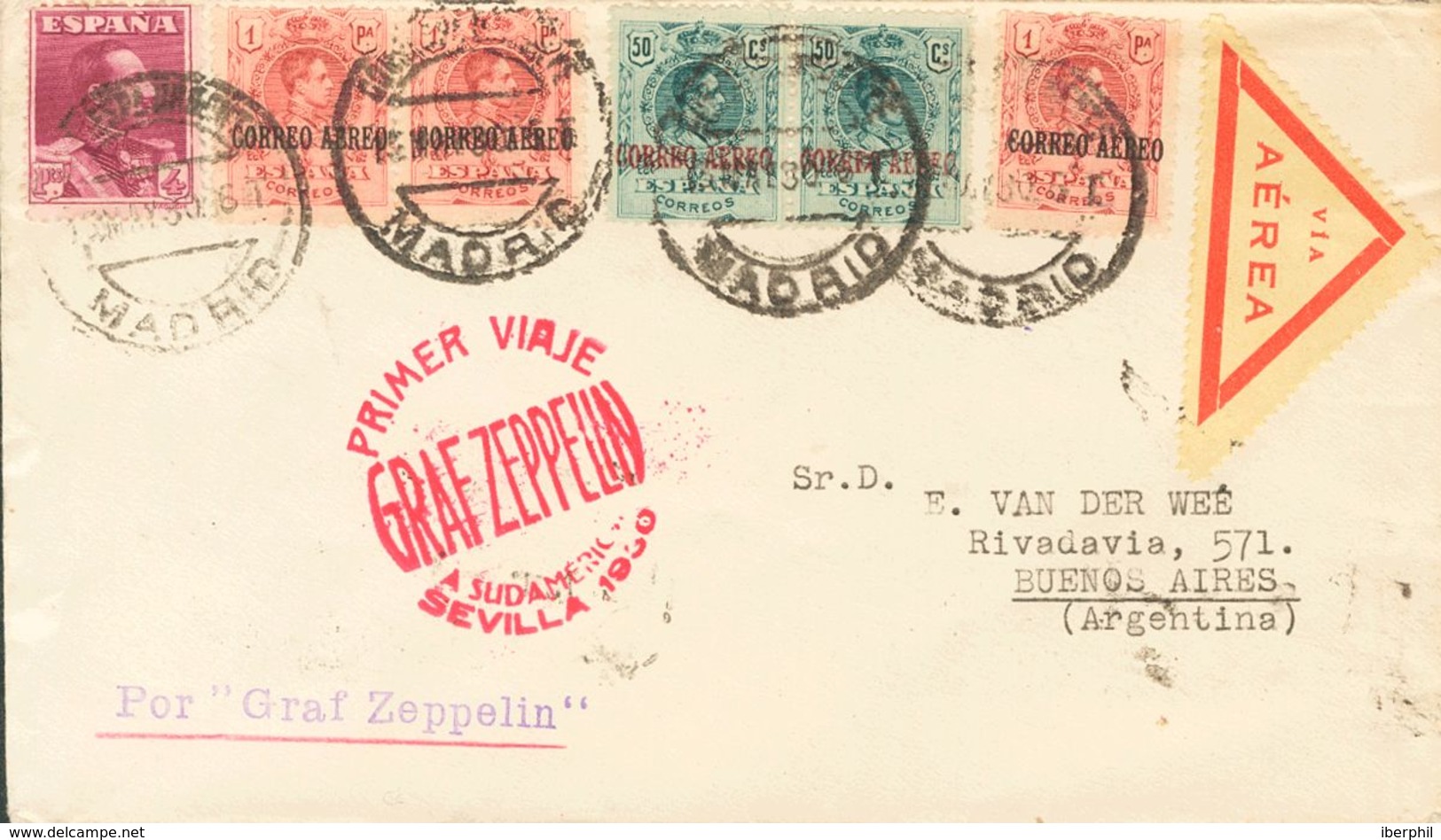 1930. 4 Pts Carmín Violeta, 50 Cts Azul Verdoso, Dos Sellos Y 1 Pts Carmín, Tres Sellos. Graf Zeppelin De MADRID A BUENO - Other & Unclassified