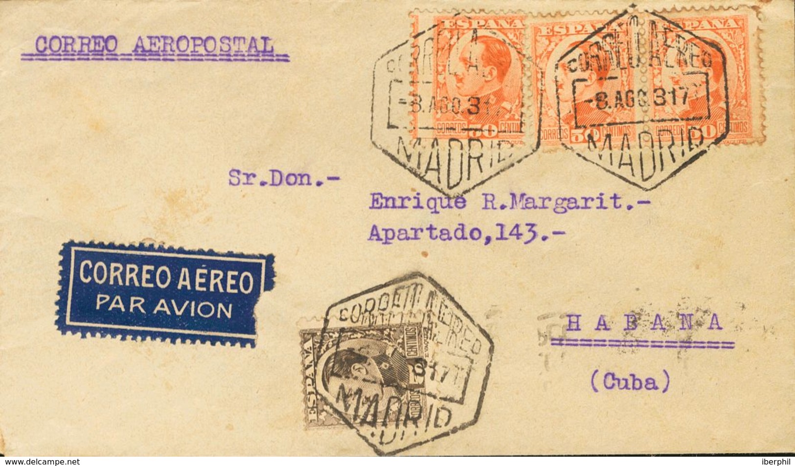 1931. 5 Cts Castaño Y 50 Cts Naranja, Tres Sellos. Correo Aéreo De MADRID A LA HABANA (CUBA). Al Dorso Llegada. MAGNIFIC - Other & Unclassified