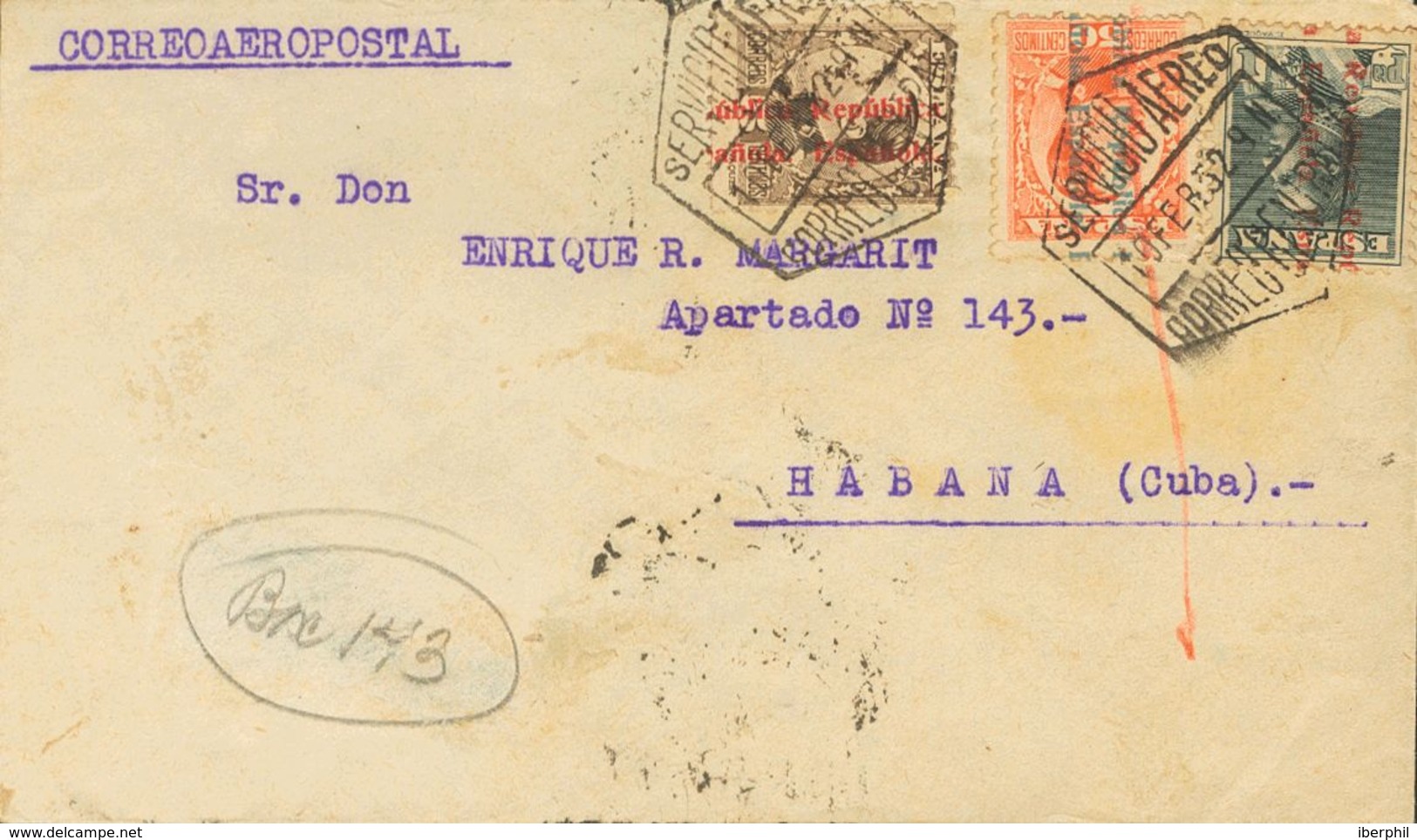 1932. 5 Cts Castaño, 50 Cts Naranja Y 1 Pts Pizarra. Correo Aéreo De MADRID A LA HABANA (CUBA). Matasello SERVICIO AEREO - Sonstige & Ohne Zuordnung