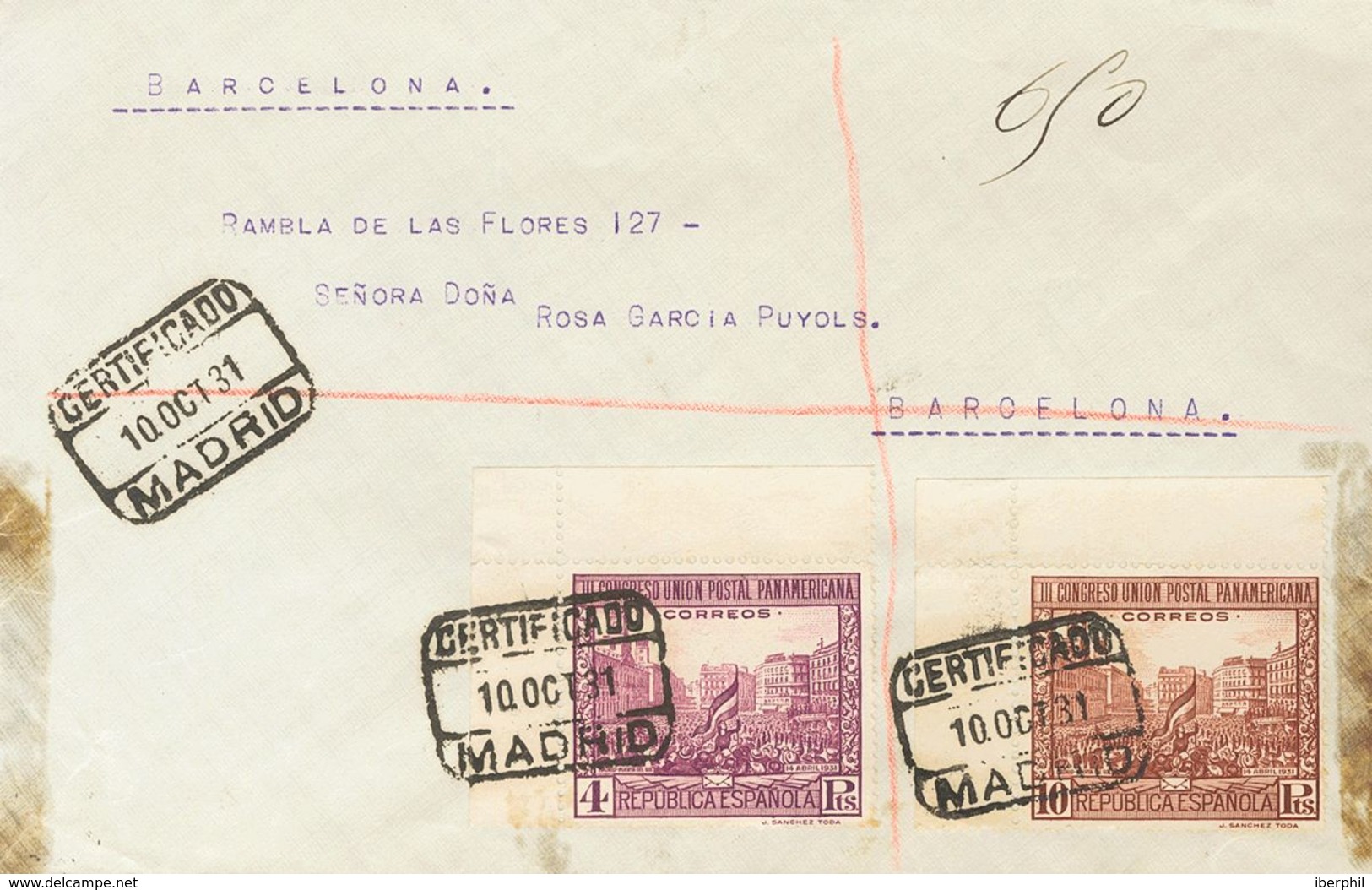 1931. 4 Pts Violeta Y 10 Pts Castaño, Ambos Esquina De Pliego. Certificado De MADRID A BARCELONA. Al Dorso Llegada. MAGN - Autres & Non Classés