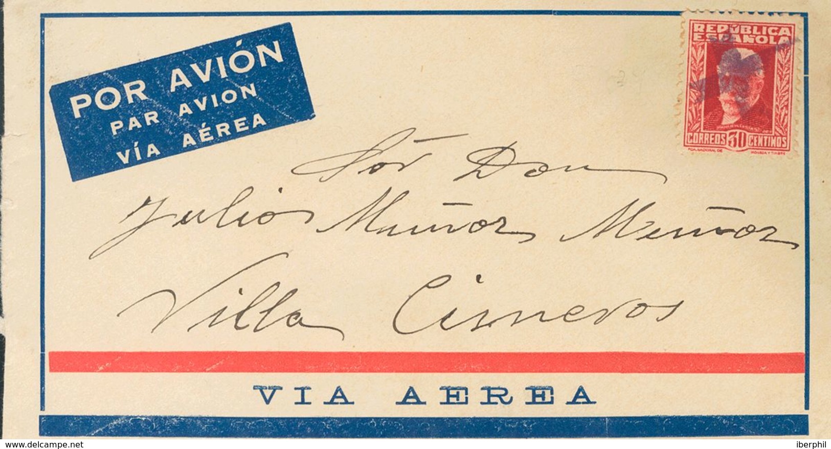 1932. (13º Vuelo Del 26 De Diciembre De 1932). 30 Cts Carmín. Dirigida A VILLA CISNEROS, Dirigida Al Teniente Julio Muño - Other & Unclassified