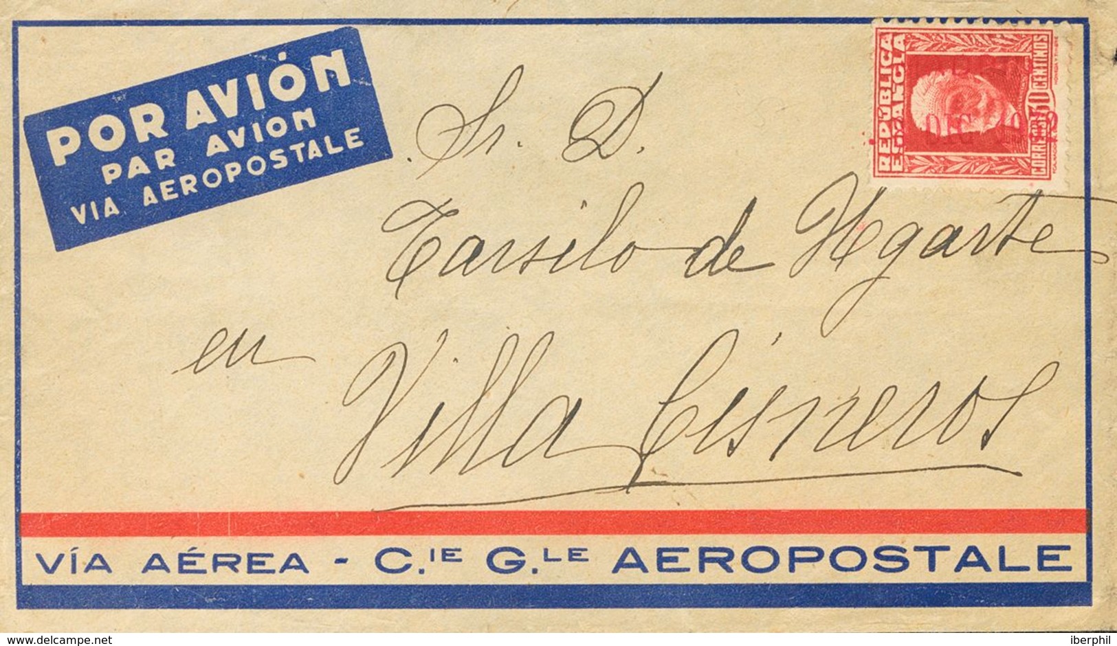 1932. (10º Vuelo Del 12 De Diciembre De 1932). 30 Cts Carmín. Sobre Aeropostal Dirigido A VILLA CISNEROS, Dirigida Al Te - Autres & Non Classés