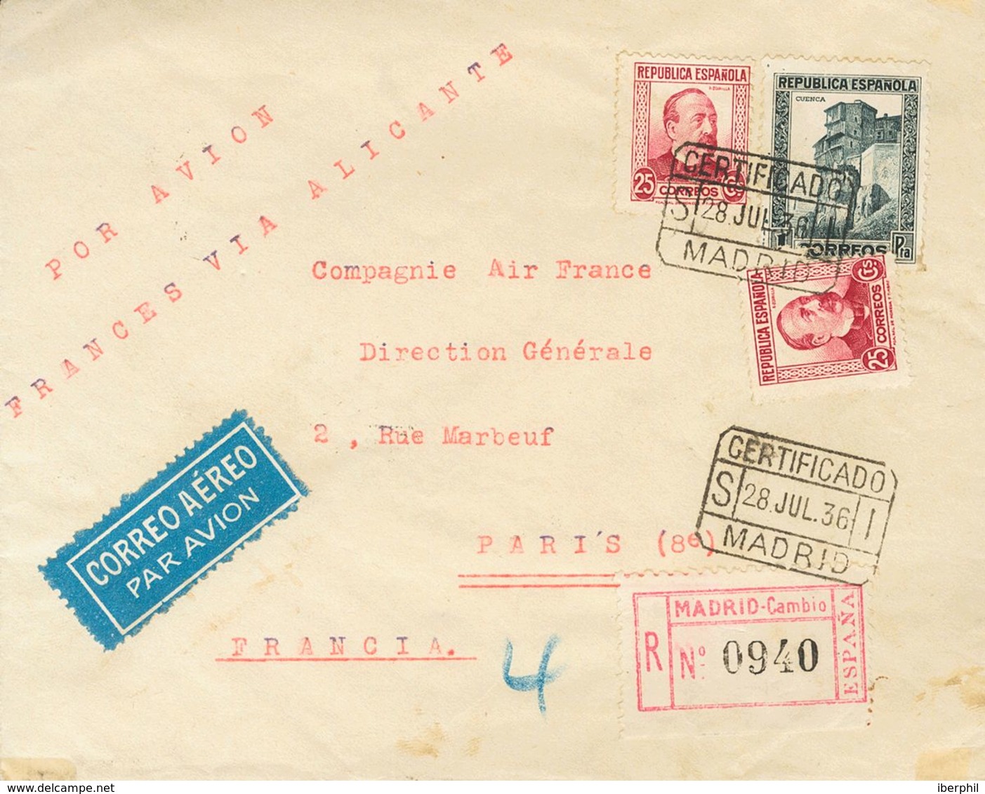 1936. 1 Pts Pizarra Y 25 Cts Carmín, Dos Sellos. Certificado De MADRID A PARIS (FRANCIA). En El Frente Texto Mecanografi - Other & Unclassified