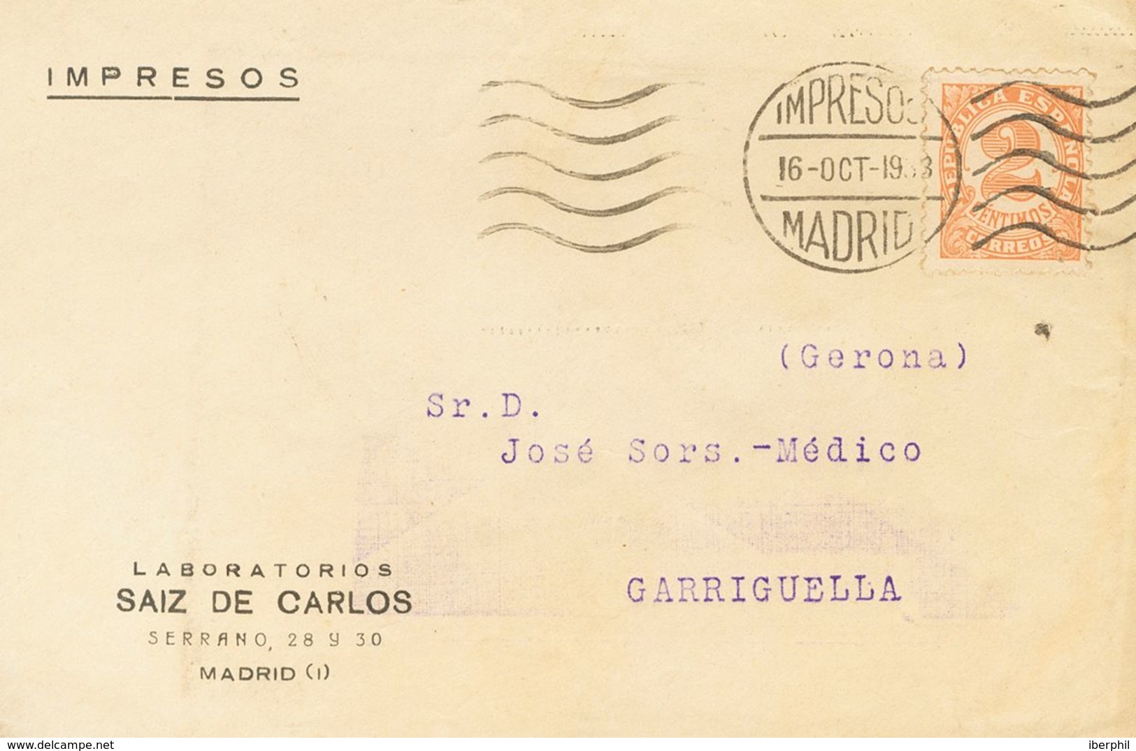 1938. 2 Cts Castaño. MADRID A GARRIGUELLA (GERONA). Matasello De "rodillo" IMPRESOS / MADRID. MAGNIFICA Y RARA. - Autres & Non Classés