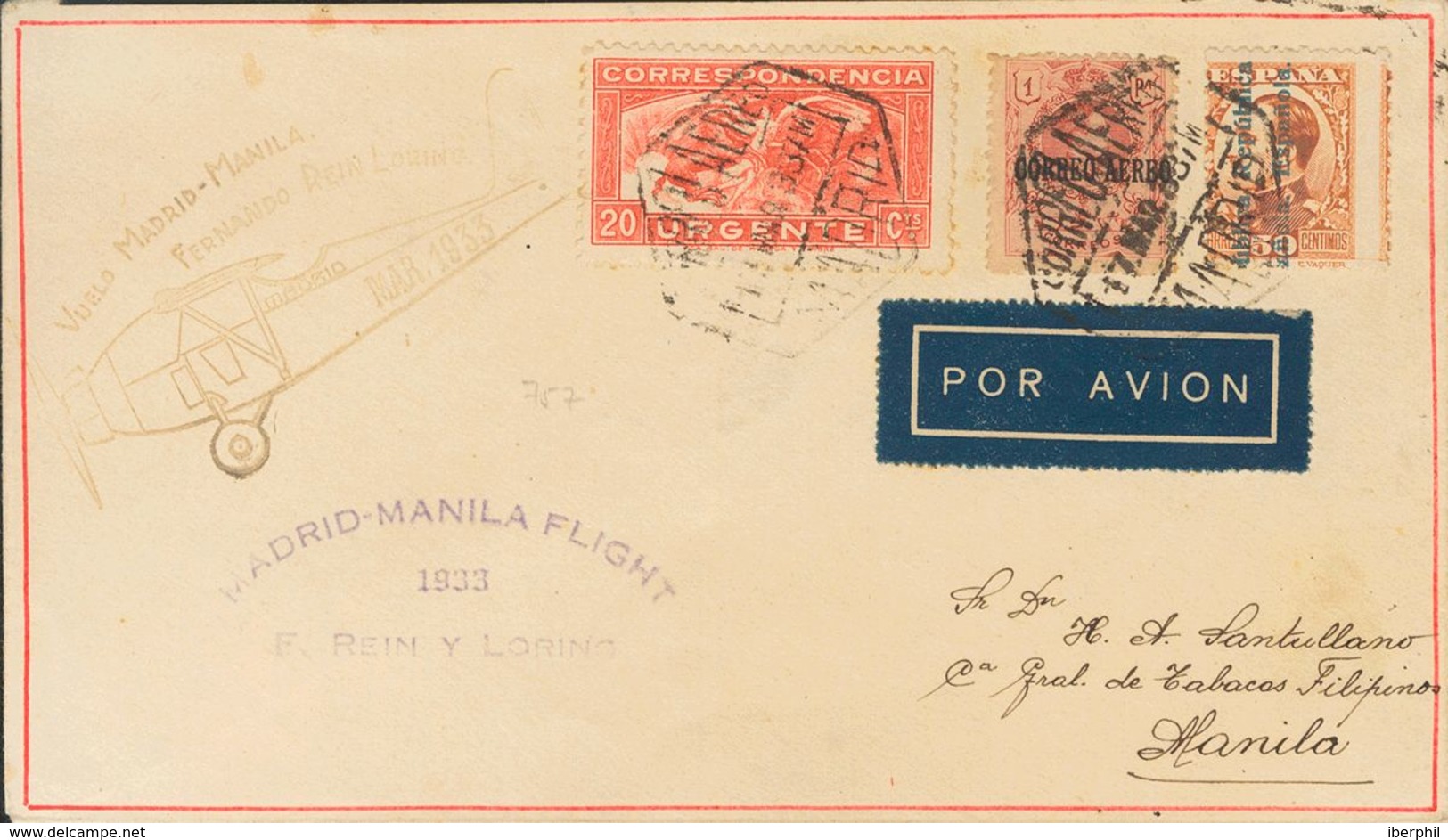 1933. 20 Cts Rojo, 1 Pts Carmín Y 50 Cts Naranja. Correo Aéreo De MADRID A MANILA (FILIPINAS). Marcas VUELO MADRID-MANIL - Other & Unclassified