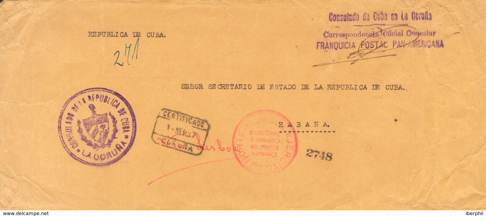 1937. Certificado De LA CORUÑA A LA HABANA (CUBA). Marca De Franquicia CONSULADO DE CUBA EN LA CORUÑA / CORRESPONDENCIA  - Other & Unclassified