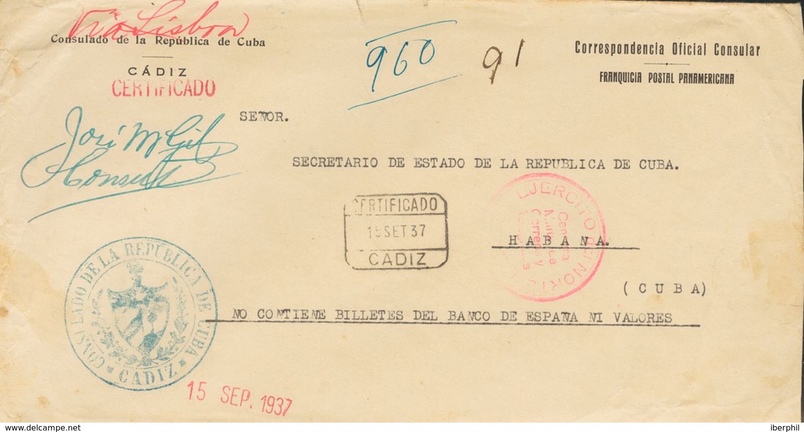 1937. Certificado De CADIZ A LA HABANA (CUBA), Circulada Vía Badajoz Y Lisboa. En El Frente Texto Impreso CORRESPONDENCI - Other & Unclassified