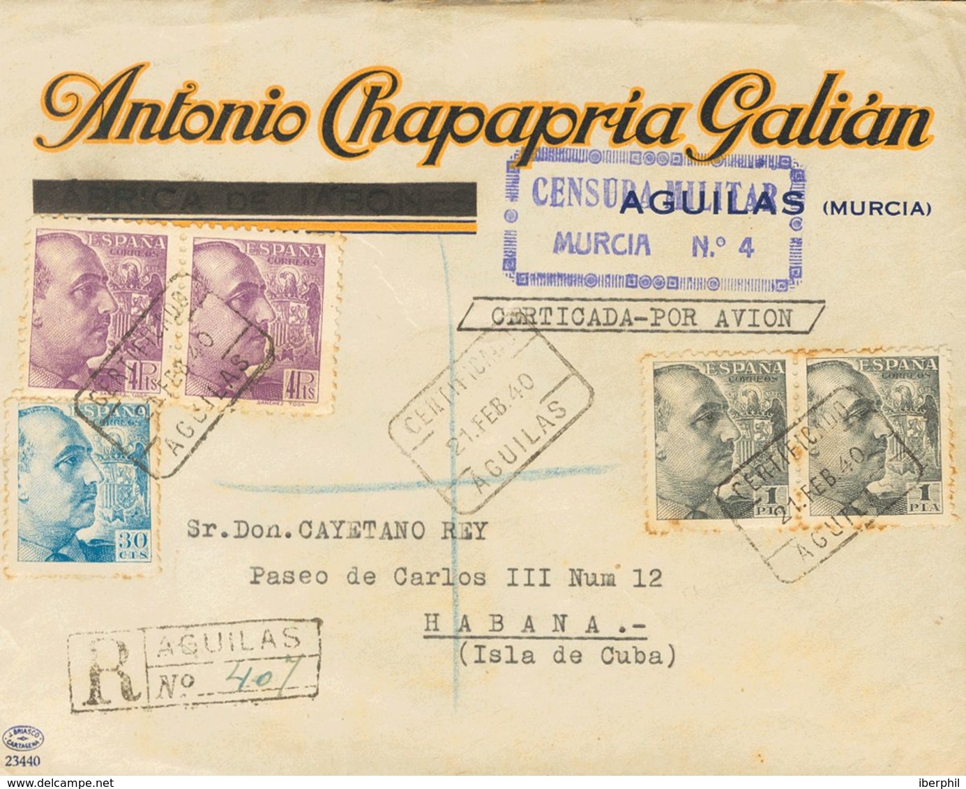 1940. 30 Cts Azul, 1 Pts Pizarra, Pareja Y 4 Pts Violeta, Dos Sellos (tonalizados). Certificado De AGUILAS (MURCIA) A LA - Autres & Non Classés