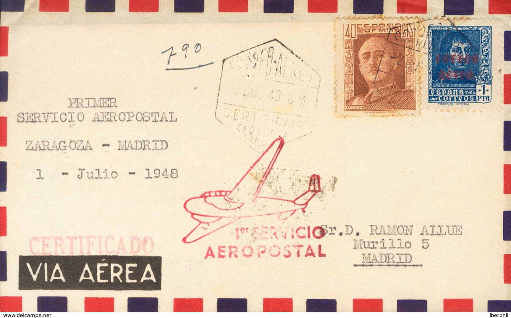 1948. 40 Cts Castaño Rojizo Y 1 Pts Azul. Certificado De ZARAGOZA A MADRID. En El Frente Marca 1ER SERVICIO / AEROPOSTAL - Other & Unclassified